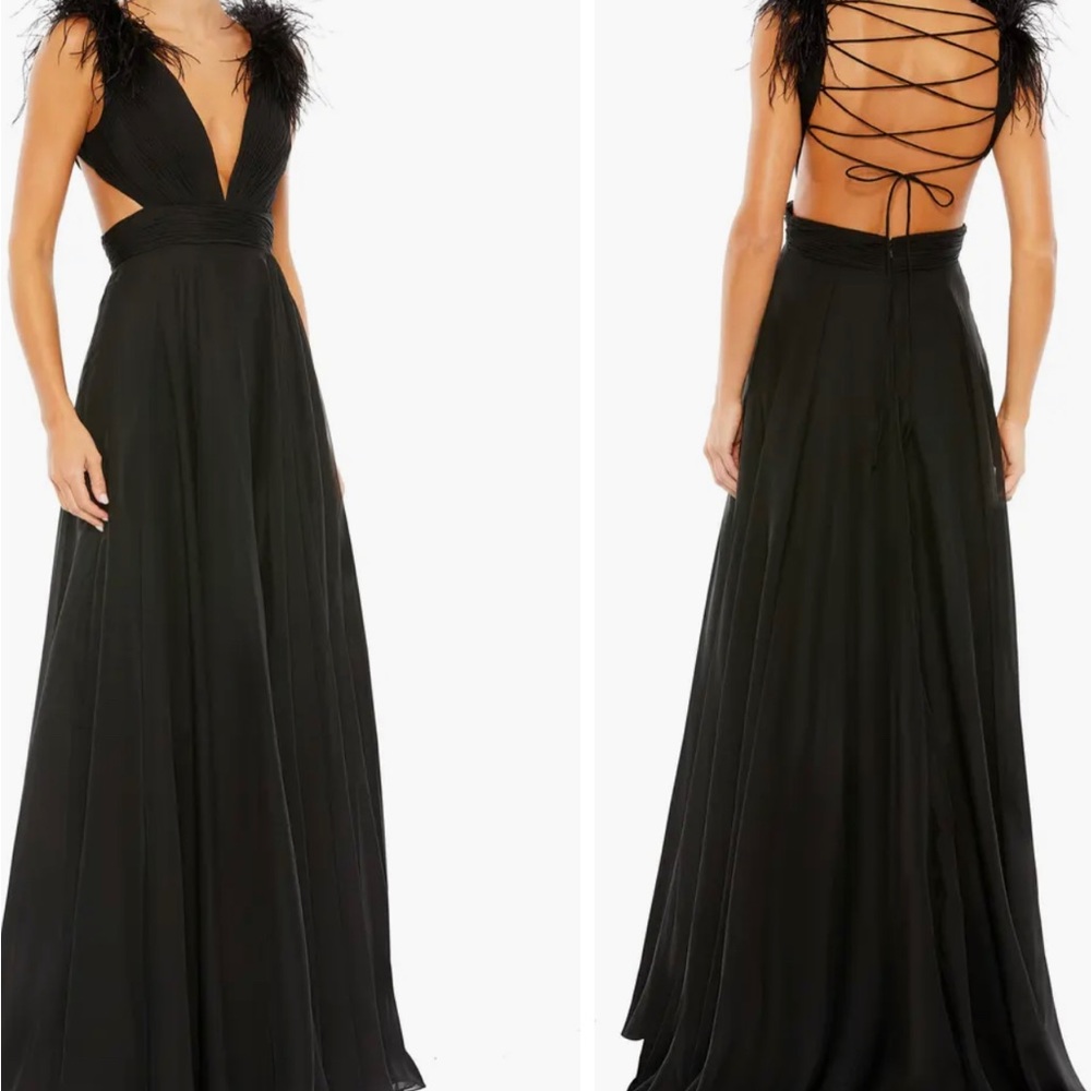Mac Duggal black plunge neck dress w/feathers.